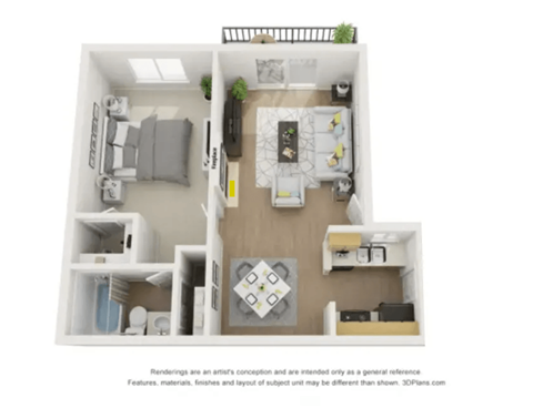 Floor plan for 1 bed, 1 bath, 619 sqft